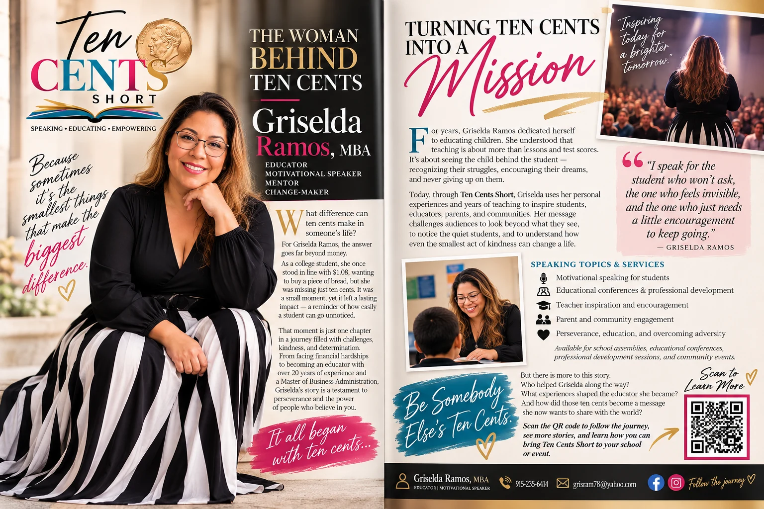Two-page promotional magazine design concept for Ten Cents Short by Griselda Ramos