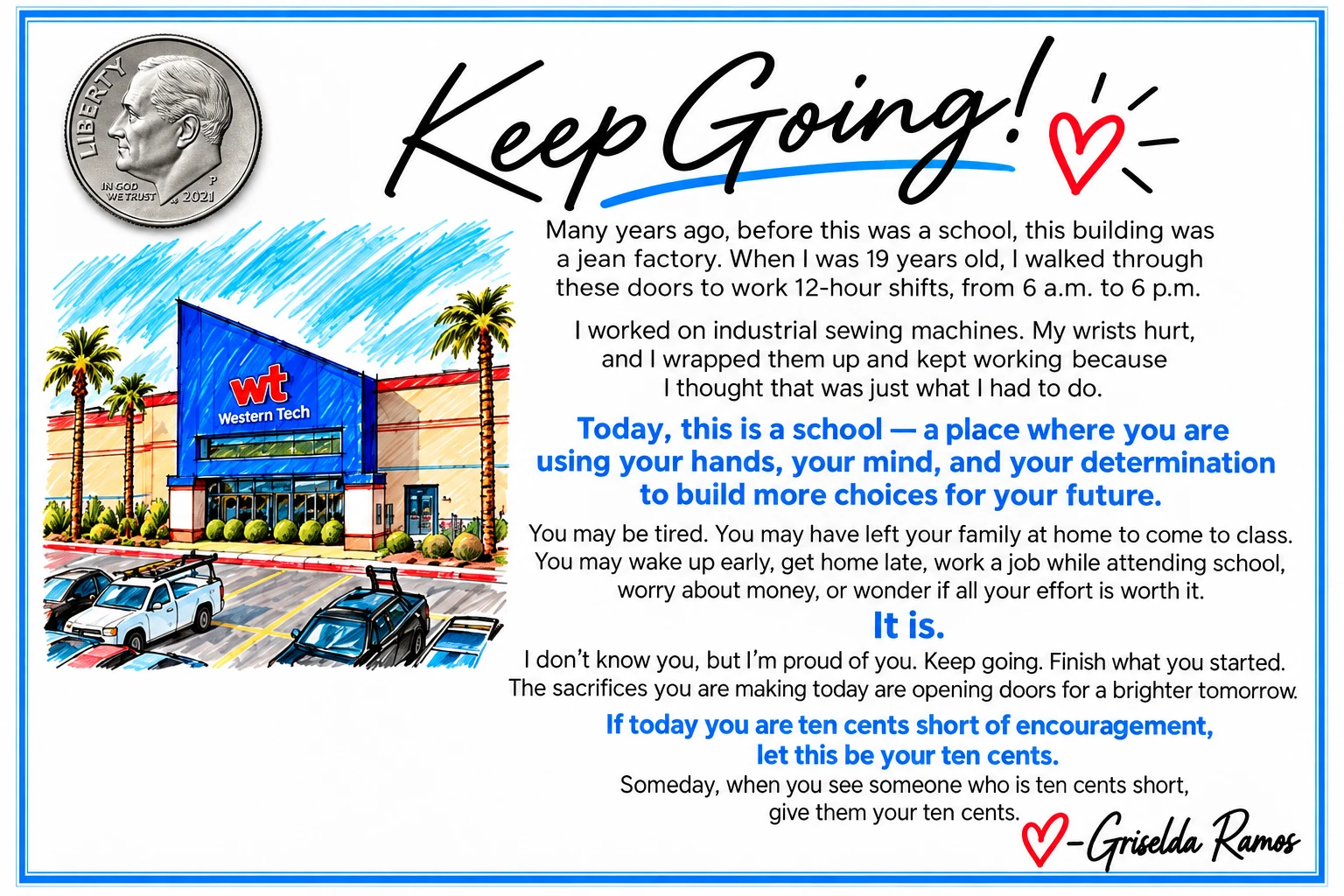Keep Going encouragement note for Western Tech students with a dime and an illustration of the campus